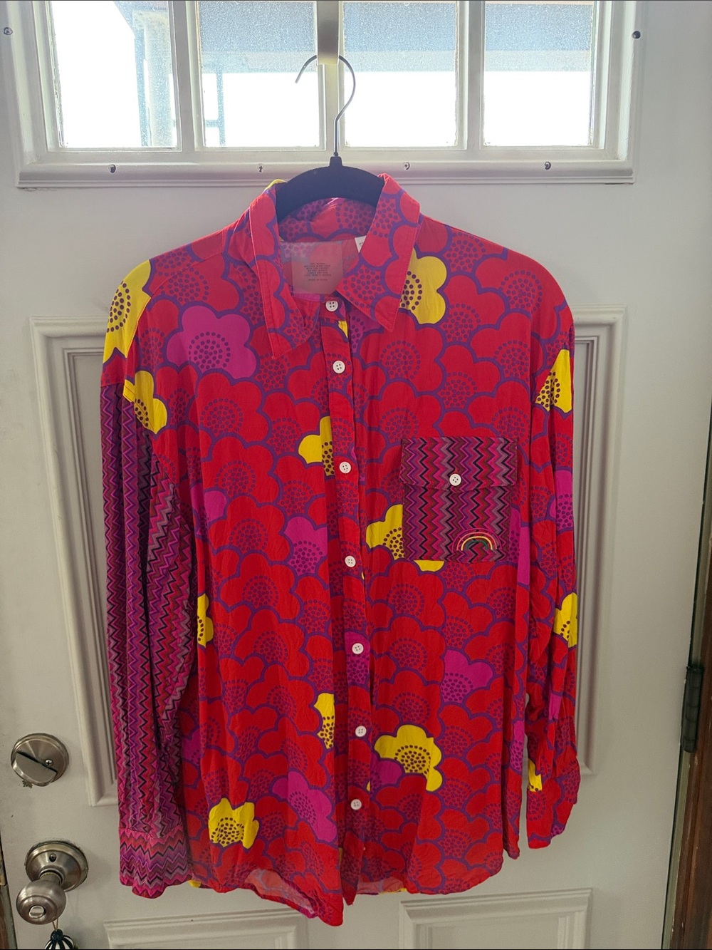 Terez Red Floral Button-Down Shirt with Yellow & Pink Accents